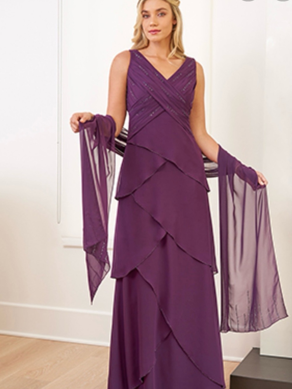 Jasmine Plum Tiered V‑Neck Maxi Dress with Sheer Shawl